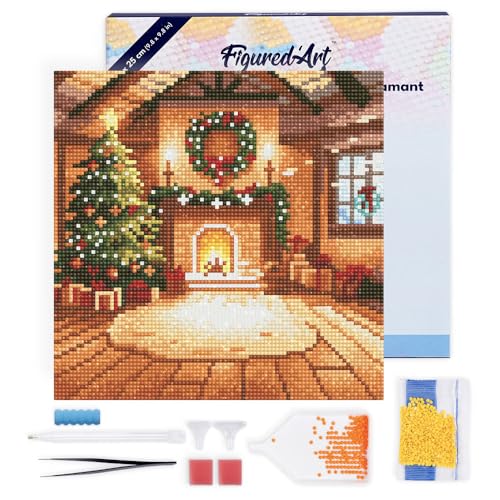 Figured'Art Mini Diamond Painting Erwachsene 25x25cm Mit Rahmen Ganze Leinwand gespannt Gemütliches Weihnachtszimmer 5D Bilder Runde Steine - DIY Set Basteln von Figured'Art