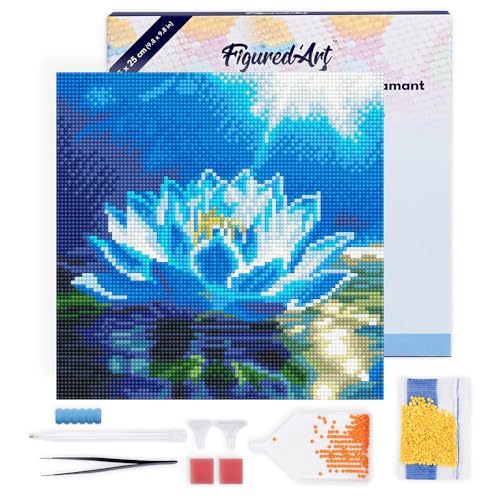 Figured'Art Mini Diamond Painting Erwachsene 25x25cm Mit Rahmen Ganze Leinwand gespannt Glänzende Weiße Lotusblume 5D Bilder Runde Steine - DIY Set Basteln von Figured'Art