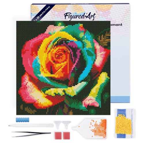 Figured'Art Mini Diamond Painting Erwachsene 25x25cm Mit Rahmen Ganze Leinwand gespannt Mehrfarbige Rose 5D Bilder Runde Steine - DIY Set Basteln von Figured'Art