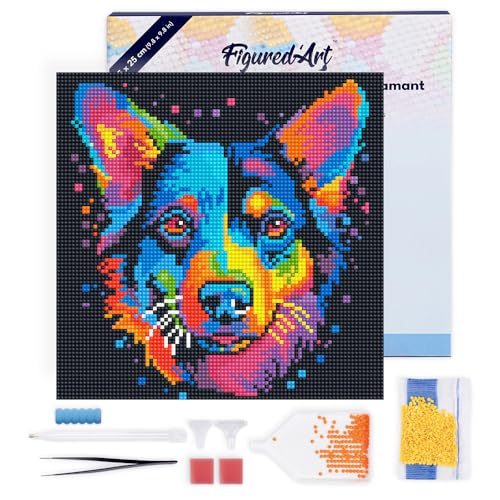 Figured'Art Mini Diamond Painting Erwachsene 25x25cm Mit Rahmen Ganze Leinwand gespannt Neon Hund Abstrakt Pop Art 5D Bilder Runde Steine - DIY Set Basteln von Figured'Art