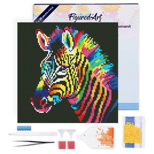 Figured'Art Mini Diamond Painting Erwachsene 25x25cm Mit Rahmen Ganze Leinwand gespannt Neon-Zebra 5D Bilder Runde Steine - DIY Set Basteln von Figured'Art