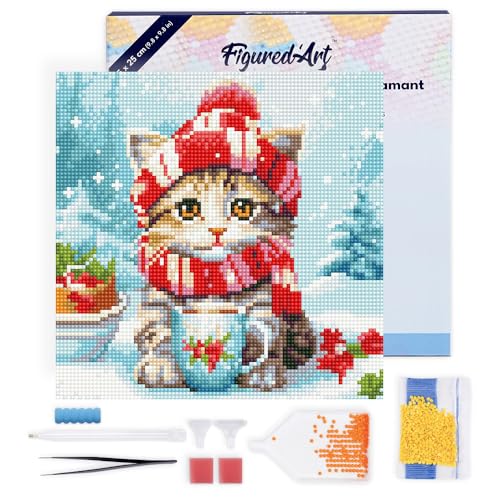 Figured'Art Mini Diamond Painting Erwachsene 25x25cm Mit Rahmen Ganze Leinwand gespannt Niedliche Katze mit rotem Schal 5D Bilder Runde Steine - DIY Set Basteln von Figured'Art