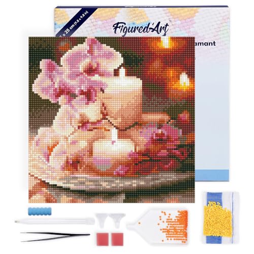 Figured'Art Mini Diamond Painting Erwachsene 25x25cm Mit Rahmen Ganze Leinwand gespannt Orchideen und Kerzen 5D Bilder Runde Steine - DIY Set Basteln von Figured'Art