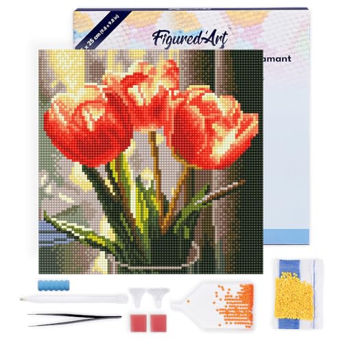 Figured'Art Mini Diamond Painting Erwachsene 25x25cm Mit Rahmen Ganze Leinwand gespannt Pfirsichfarbene Tulpen 5D Bilder Runde Steine - DIY Set Basteln von Figured'Art