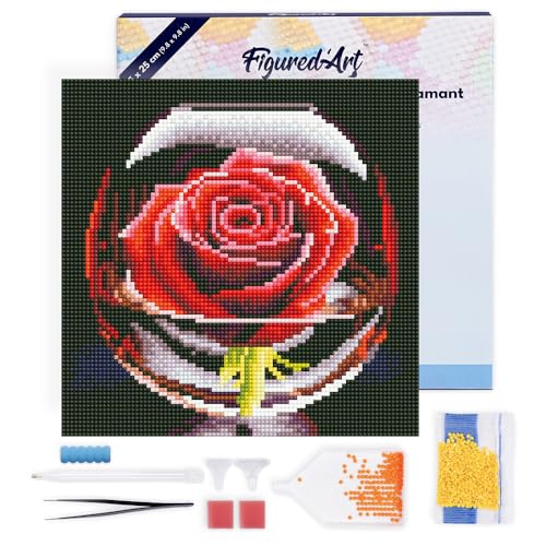 Figured'Art Mini Diamond Painting Erwachsene 25x25cm Mit Rahmen Ganze Leinwand gespannt Rote Rose im Glas 5D Bilder Runde Steine - DIY Set Basteln von Figured'Art