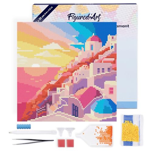 Figured'Art Mini Diamond Painting Erwachsene 25x25cm Mit Rahmen Ganze Leinwand gespannt Santorini Sonnenuntergang 5D Bilder Runde Steine - DIY Set Basteln von Figured'Art