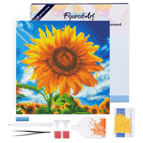 Figured'Art Mini Diamond Painting Erwachsene 25x25cm Mit Rahmen Ganze Leinwand gespannt Sonnegeküsste Sonnenblume 5D Bilder Runde Steine - DIY Set Basteln von Figured'Art