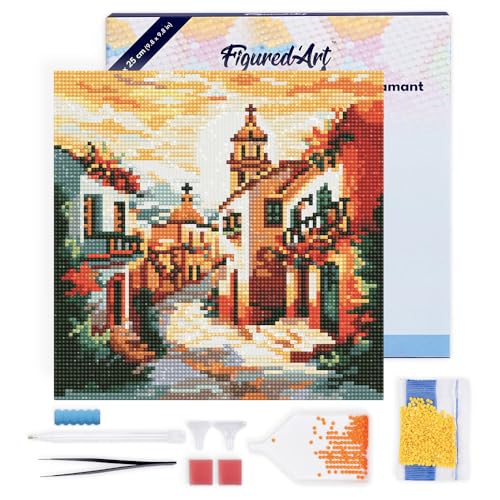 Figured'Art Mini Diamond Painting Erwachsene 25x25cm Mit Rahmen Ganze Leinwand gespannt Sonnige Dorfkirche 5D Bilder Runde Steine - DIY Set Basteln von Figured'Art