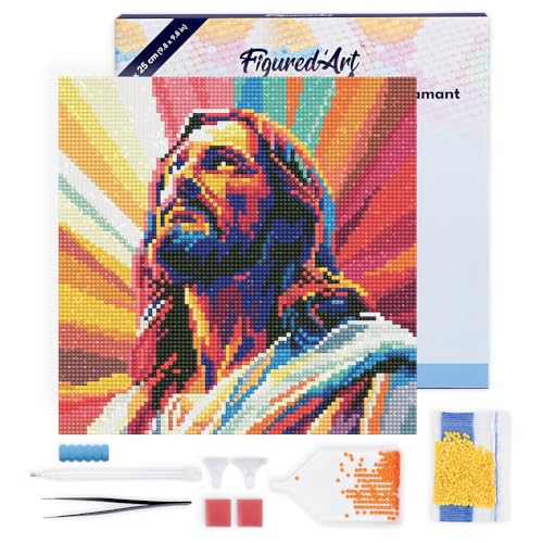 Figured'Art Mini Diamond Painting Erwachsene 25x25cm Mit Rahmen Ganze Leinwand gespannt Strahlender Jesus 5D Bilder Runde Steine - DIY Set Basteln von Figured'Art