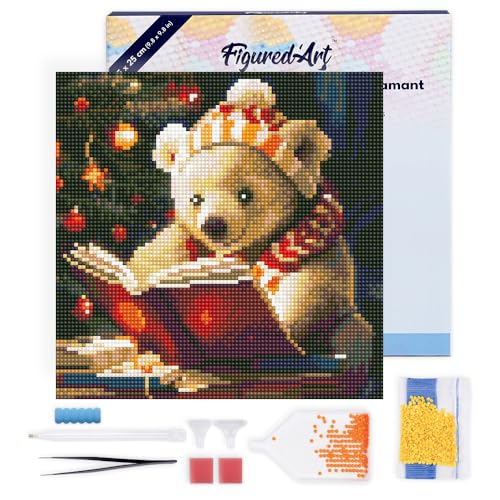 Figured'Art Mini Diamond Painting Erwachsene 25x25cm Mit Rahmen Ganze Leinwand gespannt Süßer lesender Bär 5D Bilder Runde Steine - DIY Set Basteln von Figured'Art