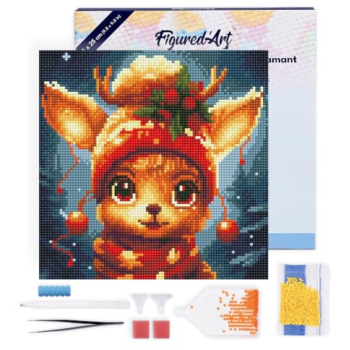 Figured'Art Mini Diamond Painting Erwachsene 25x25cm Mit Rahmen Ganze Leinwand gespannt Süßes Fantasie-Rentier 5D Bilder Runde Steine - DIY Set Basteln von Figured'Art