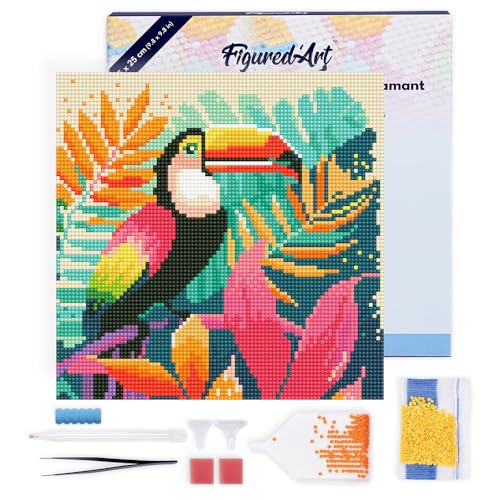 Figured'Art Mini Diamond Painting Erwachsene 25x25cm Mit Rahmen Ganze Leinwand gespannt Tropischer Tukan 5D Bilder Runde Steine - DIY Set Basteln von Figured'Art