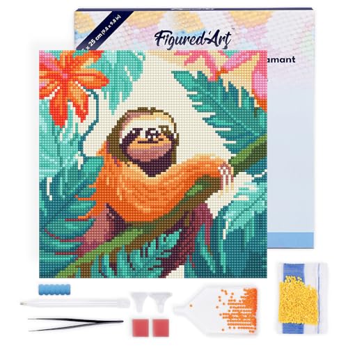 Figured'Art Mini Diamond Painting Erwachsene 25x25cm Mit Rahmen Ganze Leinwand gespannt Tropisches Faultier 5D Bilder Runde Steine - DIY Set Basteln von Figured'Art