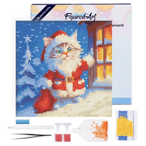 Figured'Art Mini Diamond Painting Erwachsene 25x25cm Mit Rahmen Ganze Leinwand gespannt Weihnachtskätzchen 5D Bilder Runde Steine - DIY Set Basteln von Figured'Art