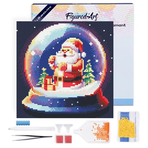 Figured'Art Mini Diamond Painting Erwachsene 25x25cm Mit Rahmen Ganze Leinwand gespannt Weihnachtsmann in Schneekugel 5D Bilder Runde Steine - DIY Set Basteln von Figured'Art