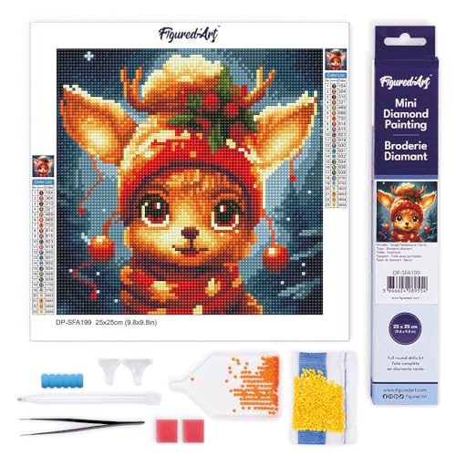 Figured'Art Mini Diamond Painting Stickerei Diamant 25 x 25 cm komplette gerollte Leinwand mit runden Perlen – niedliches Rentier Fantasie – Komplettset DIY Aktivität Handarbeit Freizeit Erwachsene von Figured'Art