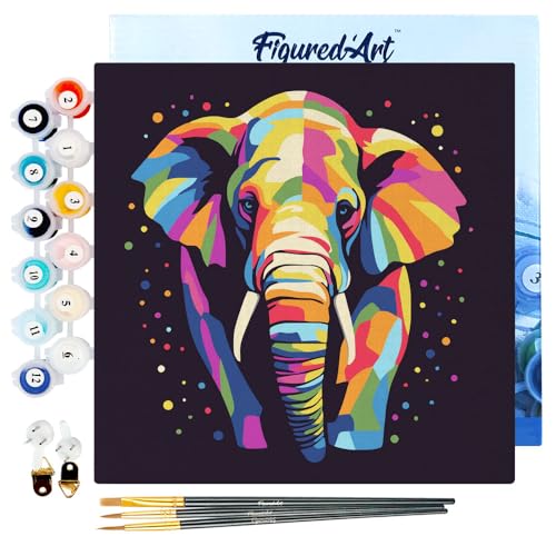 Figured'Art Mini Malen Nach Zahlen Erwachsene Mit Rahmen 20x20cm Kleines Format - Abstrakter Pop Art Elefant - Paint by Numbers Basteln DIY Bastelset Leinwand gespannt auf Holzrahmen von Figured'Art