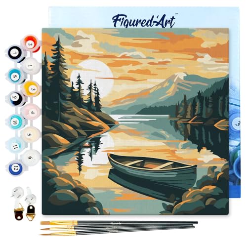 Figured'Art Mini Malen Nach Zahlen Erwachsene Mit Rahmen 20x20cm Kleines Format - Bergsee mit Kanu - Paint by Numbers Basteln DIY Bastelset Leinwand gespannt auf Holzrahmen von Figured'Art