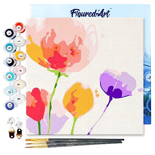 Figured'Art Mini Malen Nach Zahlen Erwachsene Mit Rahmen 20x20cm Kleines Format - Bunte Blumen - Paint by Numbers Basteln DIY Bastelset Leinwand gespannt auf Holzrahmen von Figured'Art