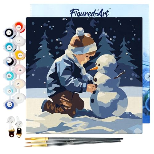 Figured'Art Mini Malen Nach Zahlen Erwachsene Mit Rahmen 20x20cm Kleines Format - Ein Junge und ein Schneemann - Paint by Numbers Basteln DIY Bastelset Leinwand gespannt auf Holzrahmen von Figured'Art