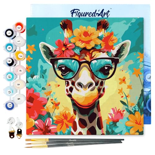 Figured'Art Mini Malen Nach Zahlen Erwachsene Mit Rahmen 20x20cm Kleines Format - Fantasie-Giraffe und Blumen - Paint by Numbers Basteln DIY Bastelset Leinwand gespannt auf Holzrahmen von Figured'Art