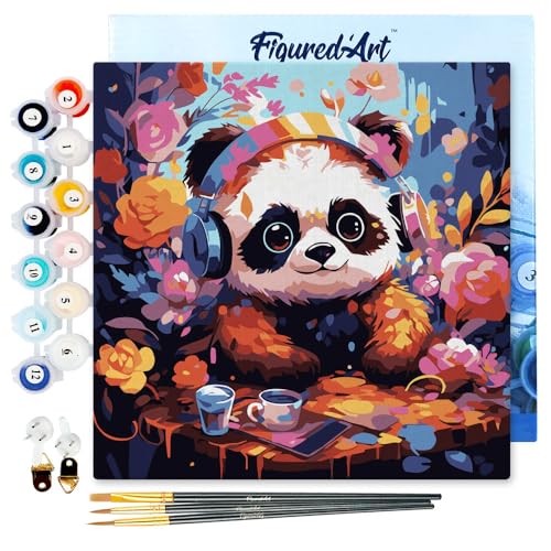 Figured'Art Mini Malen Nach Zahlen Erwachsene Mit Rahmen 20x20cm Kleines Format - Fantasie-Panda und Blumen - Paint by Numbers Basteln DIY Bastelset Leinwand gespannt auf Holzrahmen von Figured'Art