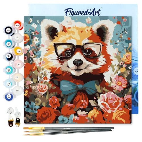 Figured'Art Mini Malen Nach Zahlen Erwachsene Mit Rahmen 20x20cm Kleines Format - Fantasie-Roter Panda und Blumen - Paint by Numbers Basteln DIY Bastelset Leinwand gespannt auf Holzrahmen von Figured'Art