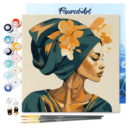 Figured'Art Mini Malen Nach Zahlen Erwachsene Mit Rahmen 20x20cm Kleines Format - Frau mit Blumen-Turban - Paint by Numbers Basteln DIY Bastelset Leinwand gespannt auf Holzrahmen von Figured'Art