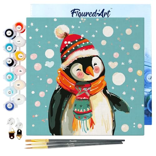 Figured'Art Mini Malen Nach Zahlen Erwachsene Mit Rahmen 20x20cm Kleines Format - Glücklicher Pinguin - Paint by Numbers Basteln DIY Bastelset Leinwand gespannt auf Holzrahmen von Figured'Art