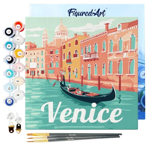 Figured'Art Mini Malen Nach Zahlen Erwachsene Mit Rahmen 20x20cm Kleines Format - Reiseplakat Venedig - Paint by Numbers Basteln DIY Bastelset Leinwand gespannt auf Holzrahmen von Figured'Art