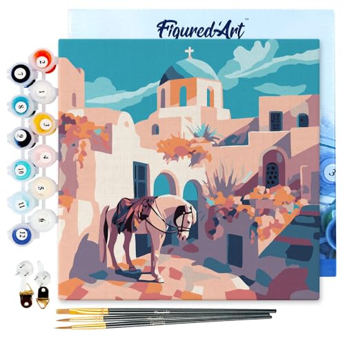 Figured'Art Mini Malen Nach Zahlen Erwachsene Mit Rahmen 20x20cm Kleines Format - Santorini Pferdeszene - Paint by Numbers Basteln DIY Bastelset Leinwand gespannt auf Holzrahmen von Figured'Art