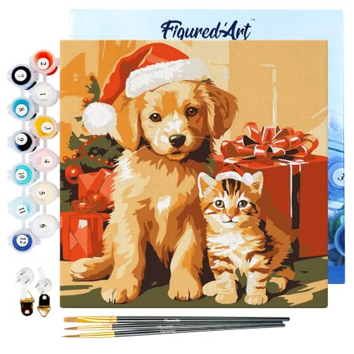 Figured'Art Mini Malen Nach Zahlen Erwachsene Mit Rahmen 20x20cm Kleines Format - Weihnachtskatze und -hund - Paint by Numbers Basteln DIY Bastelset Leinwand gespannt auf Holzrahmen von Figured'Art