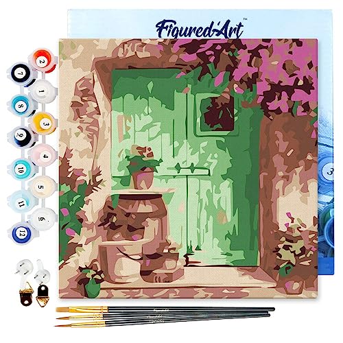 Figured'Art Mini Malen Nach Zahlen Erwachsene Mit Rahmen 20x20cm Kleines Format - Blumiger Eingang - Paint by Numbers Basteln DIY Bastelset Leinwand gespannt auf Holzrahmen von Figured'Art