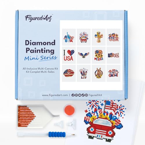 Figured'Art Mini Serie Diamond Painting Erwachsene - Amerikanischer Stolz - Premium-Box mit 12 Stück 15x18 cm 5D Bilder, Eckige Steine - DIY Set zum Basteln von Figured'Art