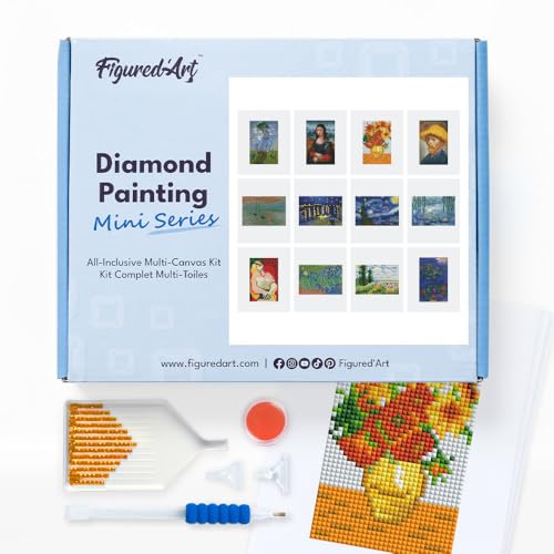 Figured'Art Mini Serie Diamond Painting Erwachsene - Berühmte Gemälde Serie - Premium-Box mit 12 Stück 15x18 cm 5D Bilder, Eckige Steine - DIY Set zum Basteln von Figured'Art