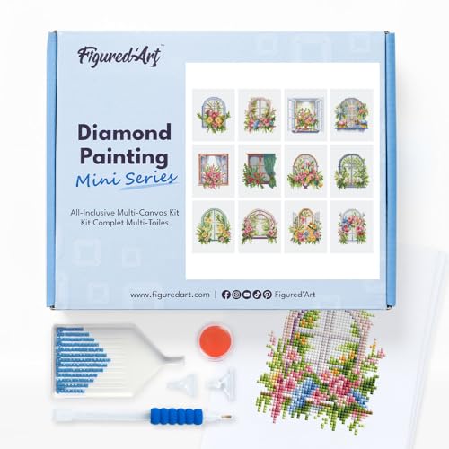 Figured'Art Mini Serie Diamond Painting Erwachsene - Blühende Blumen - Premium-Box mit 12 Stück 15x18 cm 5D Bilder, Eckige Steine - DIY Set zum Basteln von Figured'Art