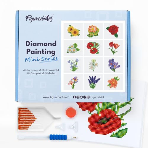 Figured'Art Mini Serie Diamond Painting Erwachsene - Blumen - Premium-Box mit 12 Stück 15x18 cm 5D Bilder, Eckige Steine - DIY Set zum Basteln von Figured'Art