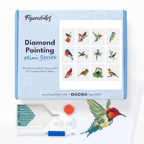 Figured'Art Mini Serie Diamond Painting Erwachsene - Buntes Vogelparadies - Premium-Box mit 12 Stück 15x18 cm 5D Bilder, Eckige Steine - DIY Set zum Basteln von Figured'Art