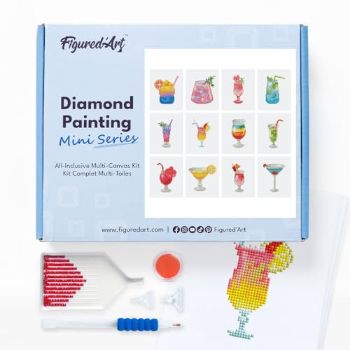 Figured'Art Mini Serie Diamond Painting Erwachsene - Cocktails - Premium-Box mit 12 Stück 15x18 cm 5D Bilder, Eckige Steine - DIY Set zum Basteln von Figured'Art