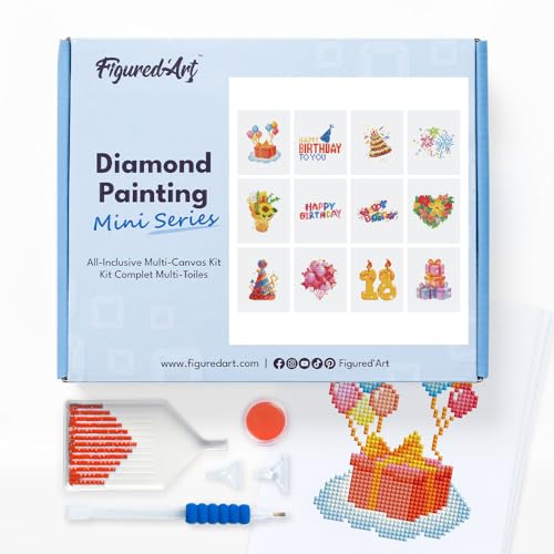 Figured'Art Mini Serie Diamond Painting Erwachsene - Herzlichen Glückwunsch - Premium-Box mit 12 Stück 15x18 cm 5D Bilder, Eckige Steine - DIY Set zum Basteln von Figured'Art