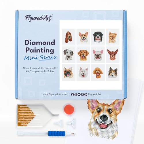 Figured'Art Mini Serie Diamond Painting Erwachsene - Hundeporträts - Premium-Box mit 12 Stück 15x18 cm 5D Bilder, Eckige Steine - DIY Set zum Basteln von Figured'Art