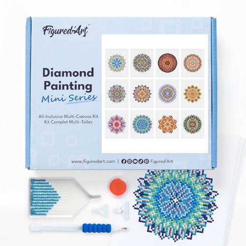 Figured'Art Mini Serie Diamond Painting Erwachsene - Mandala Kunst - Premium-Box mit 12 Stück 15x18 cm 5D Bilder, Eckige Steine - DIY Set zum Basteln von Figured'Art