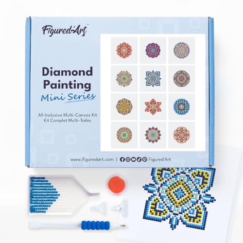 Figured'Art Mini Serie Diamond Painting Erwachsene - Mandalas - Premium-Box mit 12 Stück 15x15 cm 5D Bilder, Eckige Steine - DIY Set zum Basteln von Figured'Art