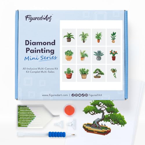 Figured'Art Mini Serie Diamond Painting Erwachsene - Pflanzen 3 - Premium-Box mit 12 Stück 15x18 cm 5D Bilder, Eckige Steine - DIY Set zum Basteln von Figured'Art