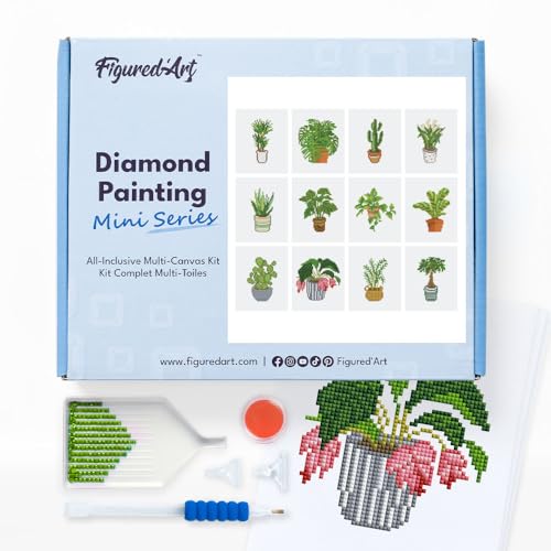 Figured'Art Mini Serie Diamond Painting Erwachsene - Pflanzen - Premium-Box mit 12 Stück 15x18 cm 5D Bilder, Eckige Steine - DIY Set zum Basteln von Figured'Art