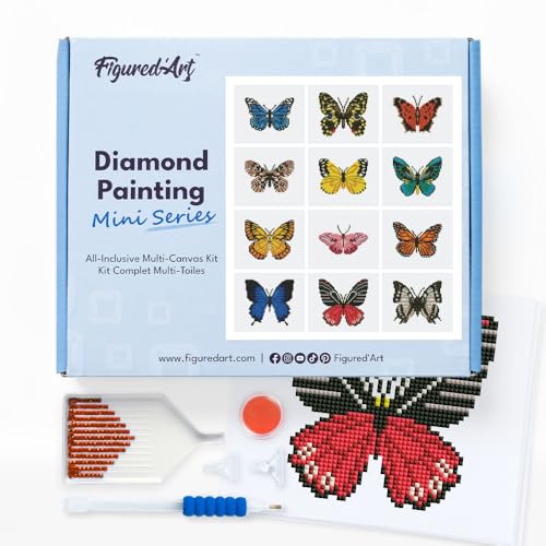 Figured'Art Mini Serie Diamond Painting Erwachsene - Schmetterlinge 2 - Premium-Box mit 12 Stück 15x18 cm 5D Bilder, Eckige Steine - DIY Set zum Basteln von Figured'Art