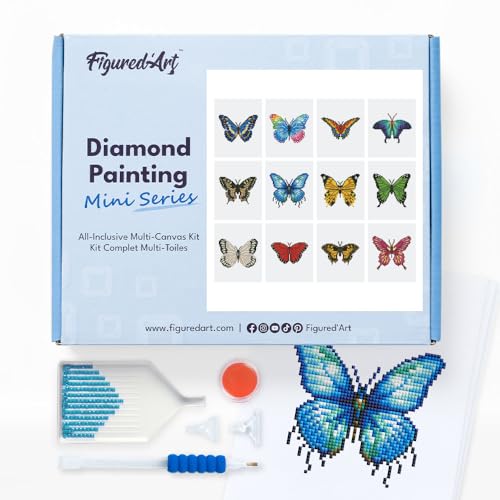 Figured'Art Mini Serie Diamond Painting Erwachsene - Schmetterlinge 3 - Premium-Box mit 12 Stück 15x18 cm 5D Bilder, Eckige Steine - DIY Set zum Basteln von Figured'Art