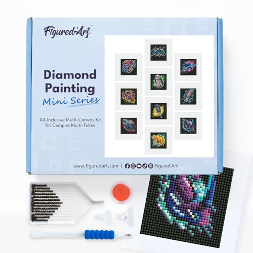 Figured'Art Mini Serie Diamond Painting Erwachsene - Tiere - Premium-Box mit 12 Stück 15x15 cm 5D Bilder, Eckige Steine - DIY Set zum Basteln von Figured'Art