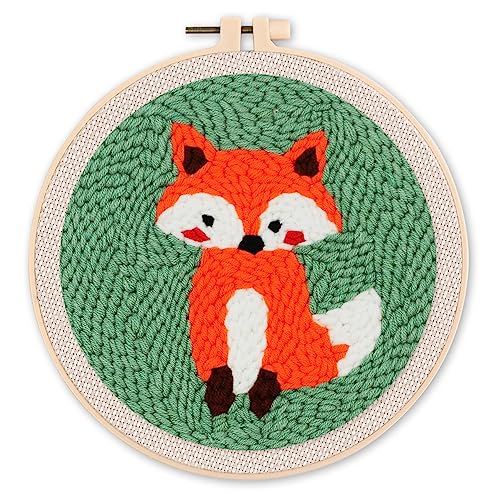 Figured'Art Punch Needle Set für Erwachsene - Stickerei, ideal für Anfänger - Fuchs - 20x20cm mit rundem Rahmen von Figured'Art