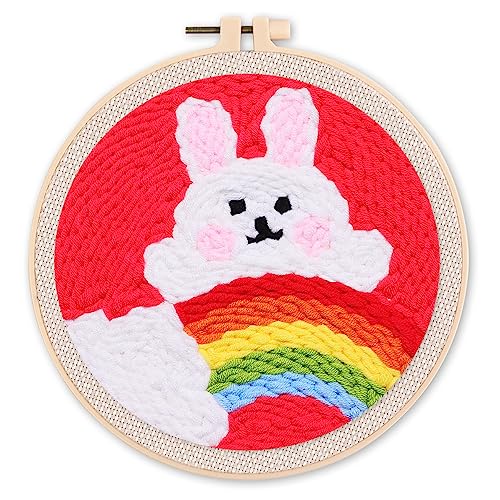 Figured'Art Punch Needle Set für Erwachsene - Stickerei, ideal für Anfänger - Hase und Regenbogen - 20x20cm mit rundem Rahmen von Figured'Art